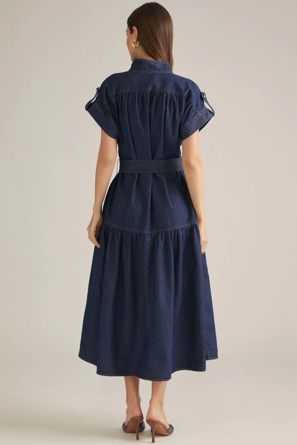 Dark Wash Denim Midi Dress with Belt