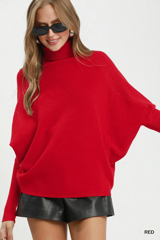 Red Soft Knit Turtle Neck Dolman Sweater Top