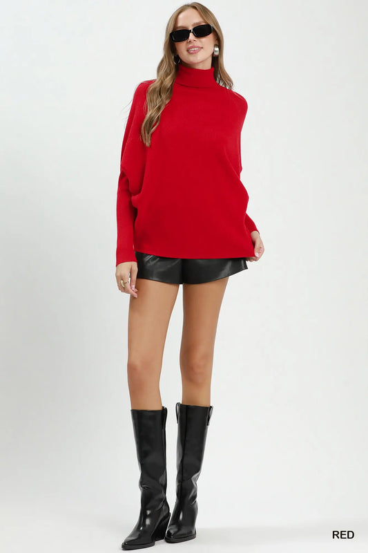 Red Soft Knit Turtle Neck Dolman Sweater Top