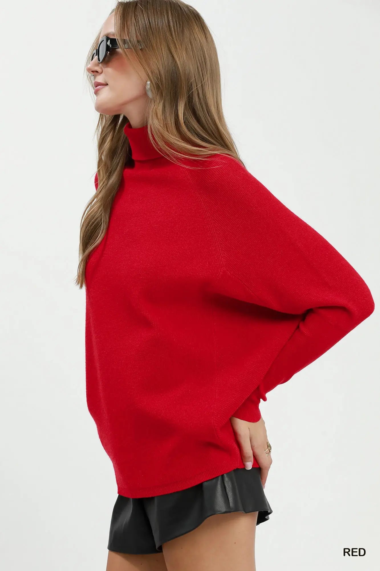 Red Soft Knit Turtle Neck Dolman Sweater Top