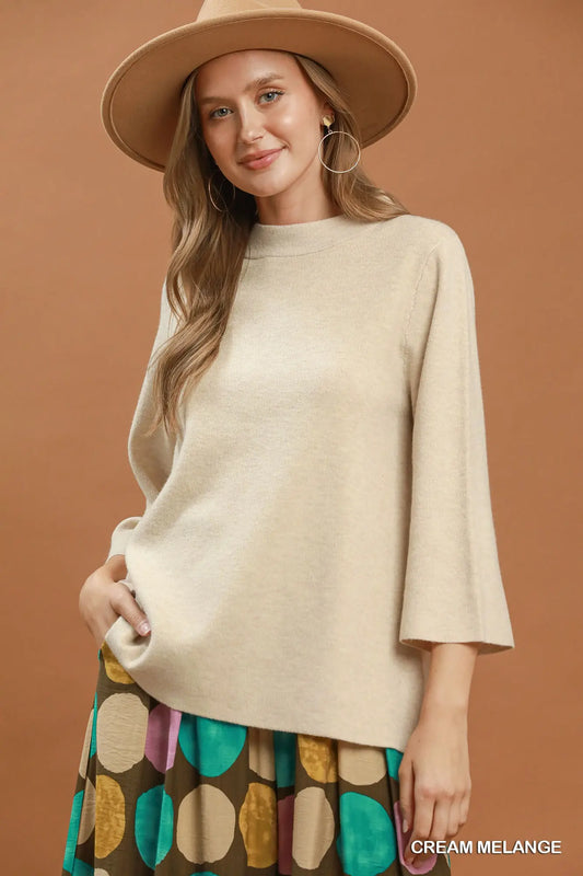Cream Mock Neck Fine Knit Sweater Top