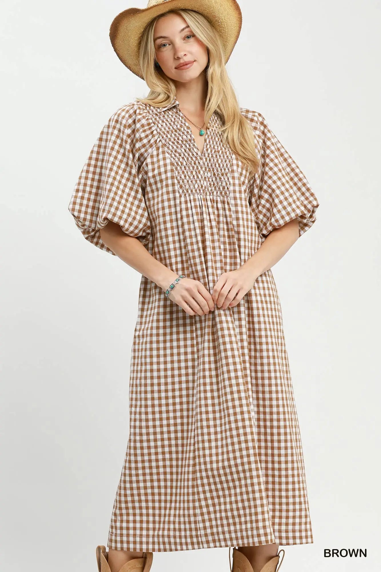 Mocha Gingham Midi Dress