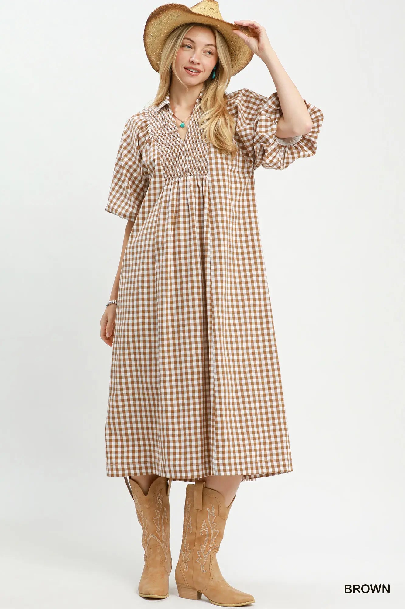 Mocha Gingham Midi Dress