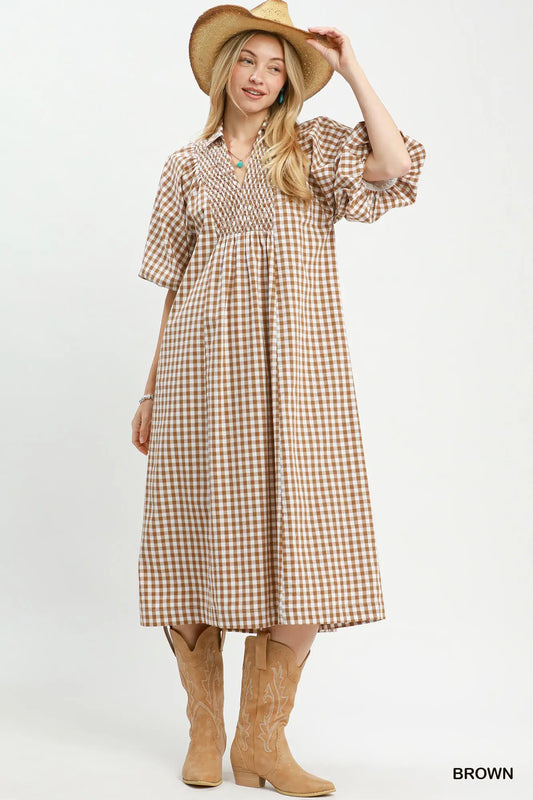 Mocha Gingham Midi Dress
