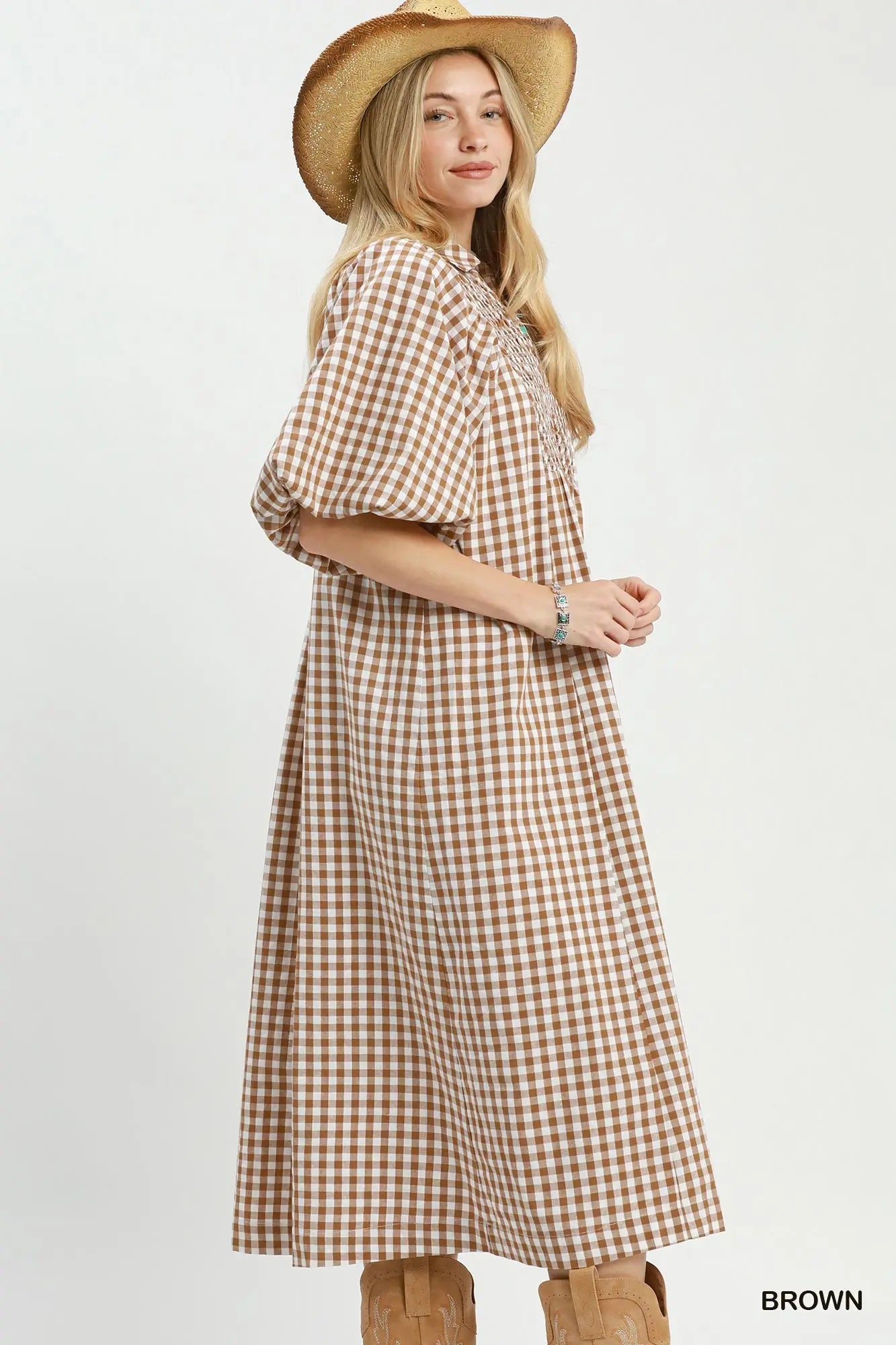 Mocha Gingham Midi Dress