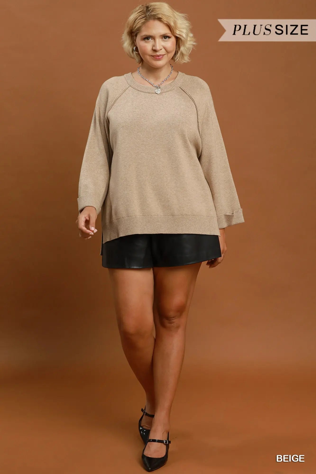 Beige Crewneck Pullover Sweater Knit Top