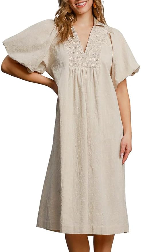 Smocked Front Yoke Midi Dress