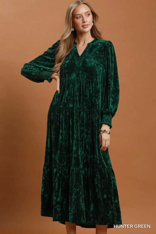Hunter Green Velvet Tiered Midi Dress