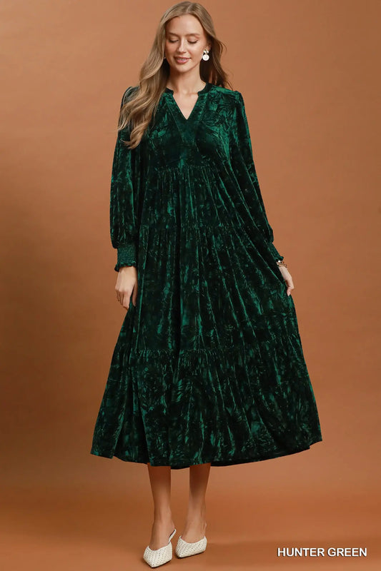 Hunter Green Velvet Tiered Midi Dress