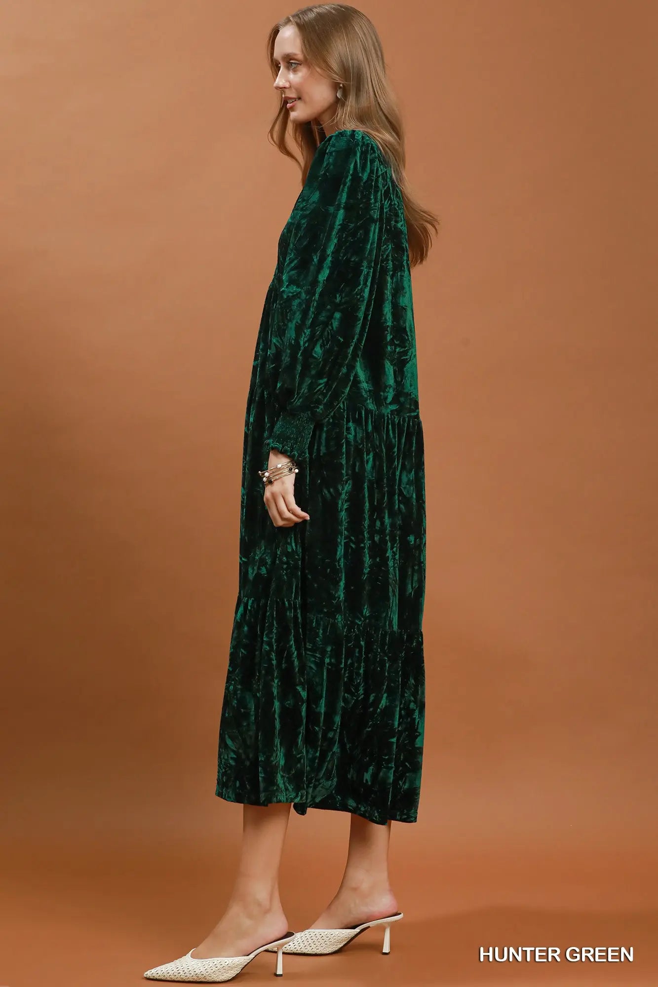 Hunter Green Velvet Tiered Midi Dress