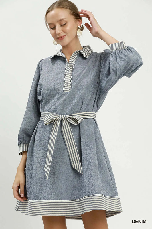 Striped Contrast Belted Puff Sleeve Mini Dress
