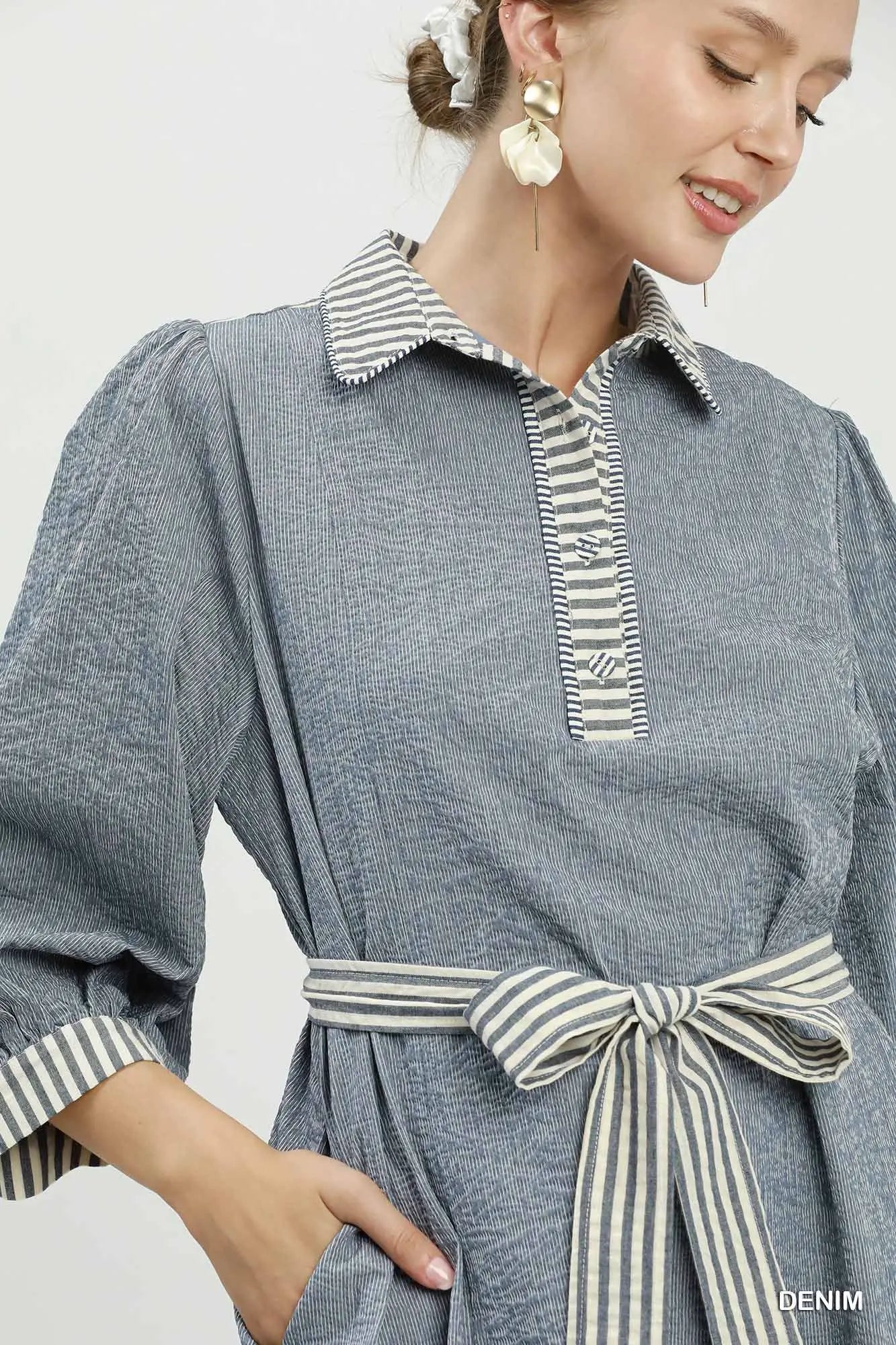 Striped Contrast Belted Puff Sleeve Mini Dress