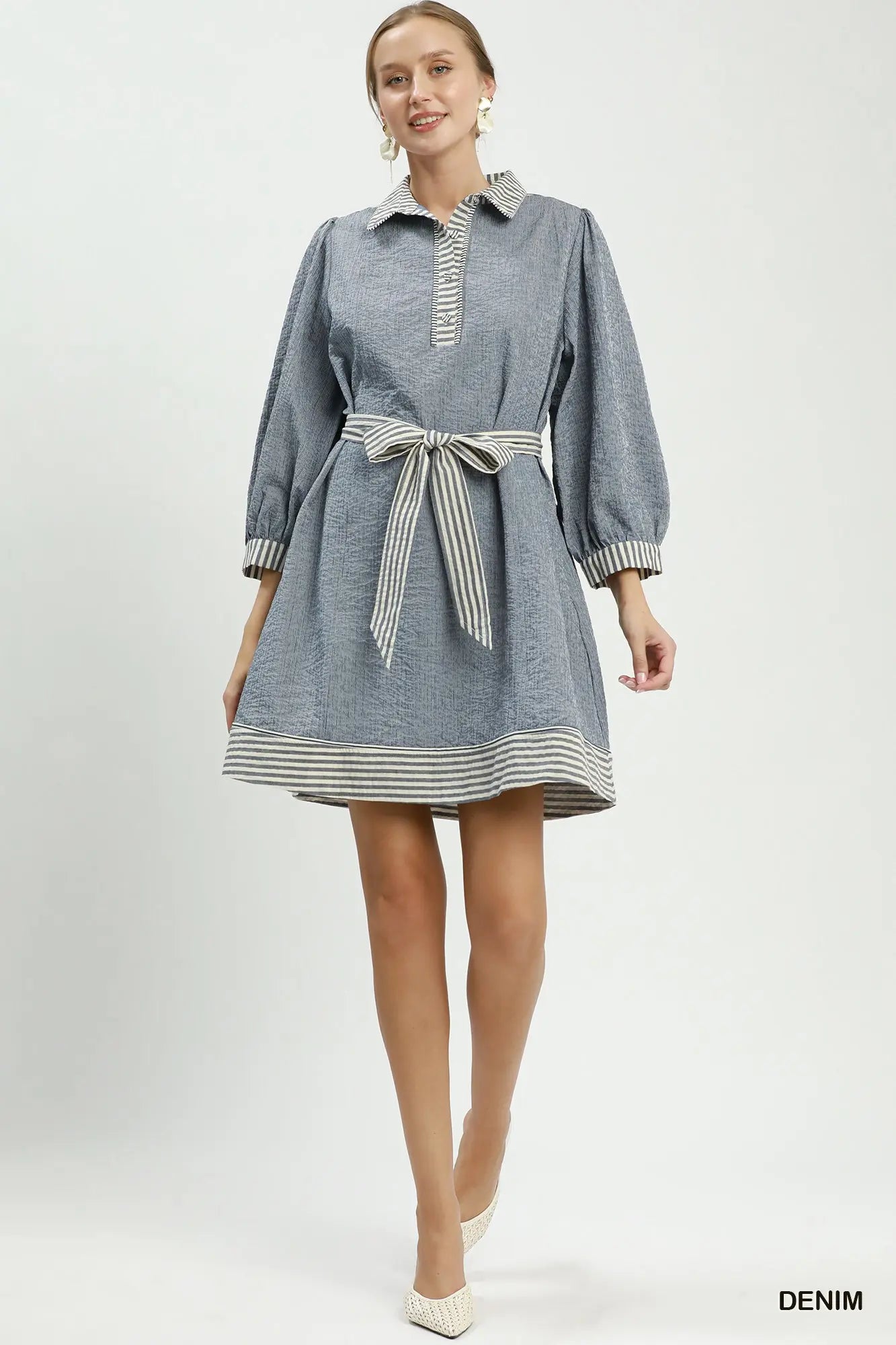 Striped Contrast Belted Puff Sleeve Mini Dress