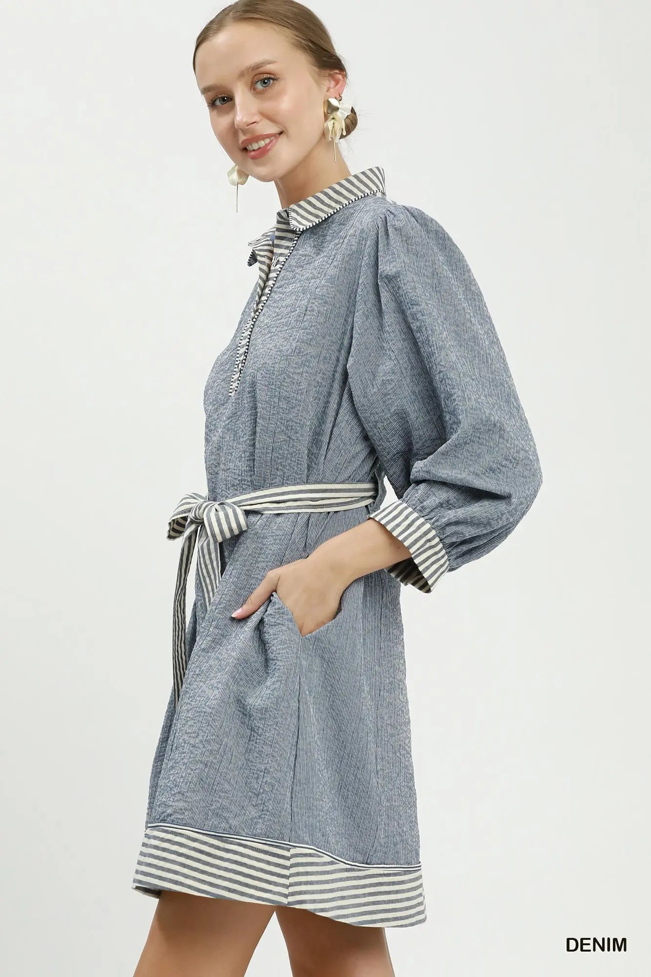 Striped Contrast Belted Puff Sleeve Mini Dress