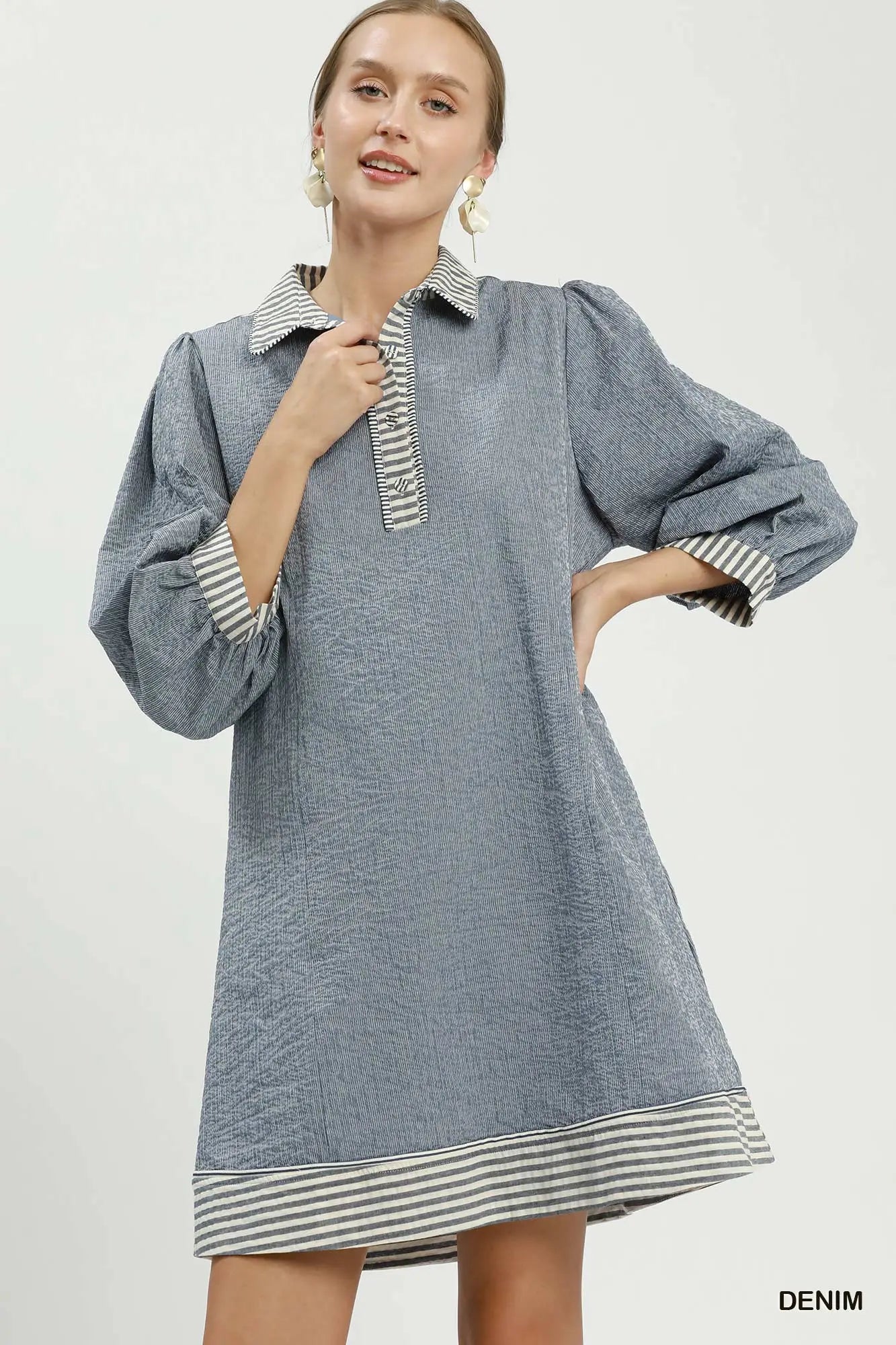 Striped Contrast Belted Puff Sleeve Mini Dress