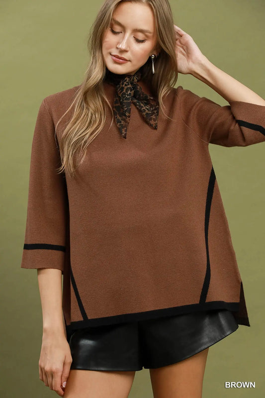 Brown and Black Contrast Short Sleeve Knit Sweater Top