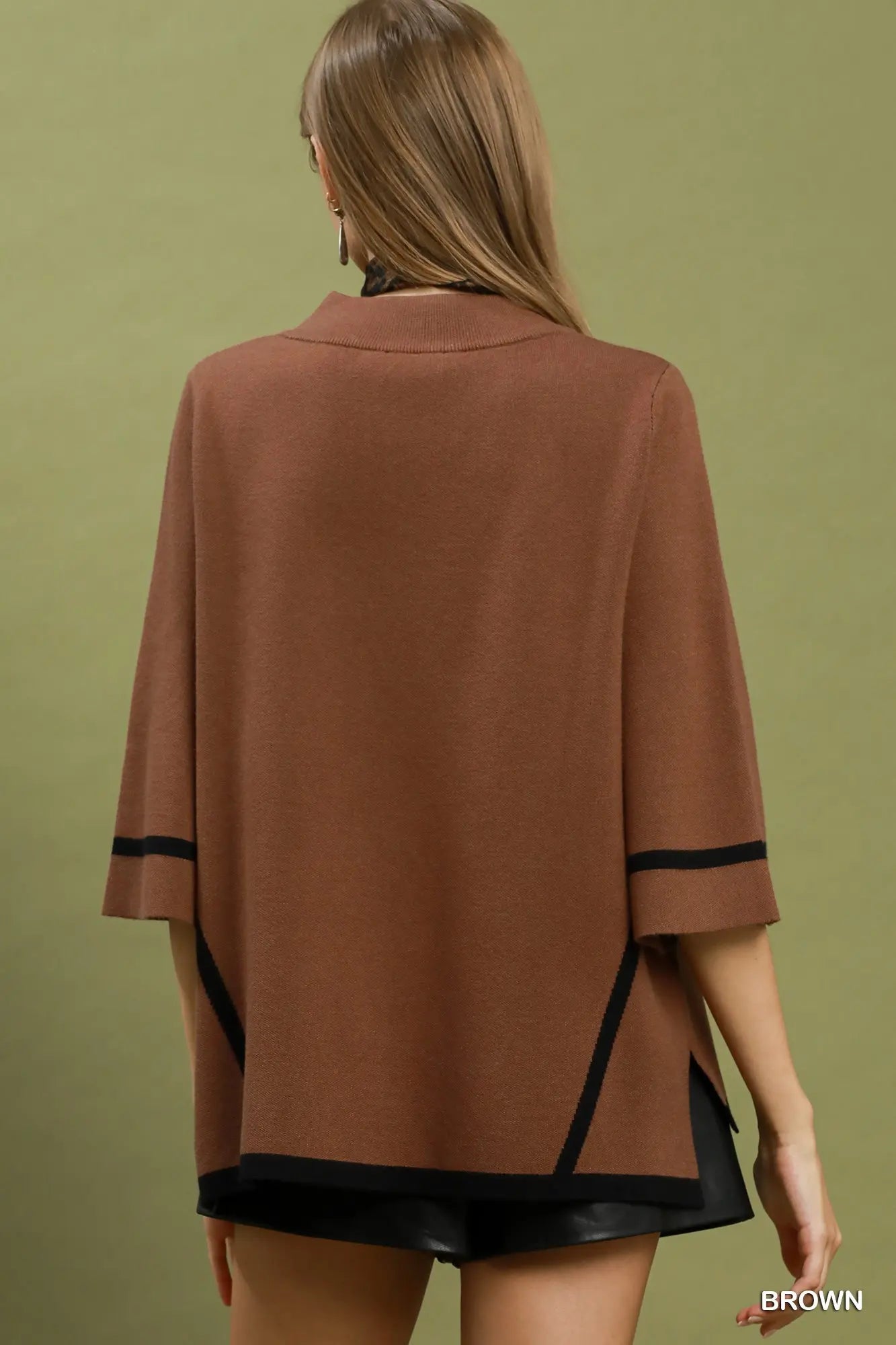 Brown and Black Contrast Short Sleeve Knit Sweater Top