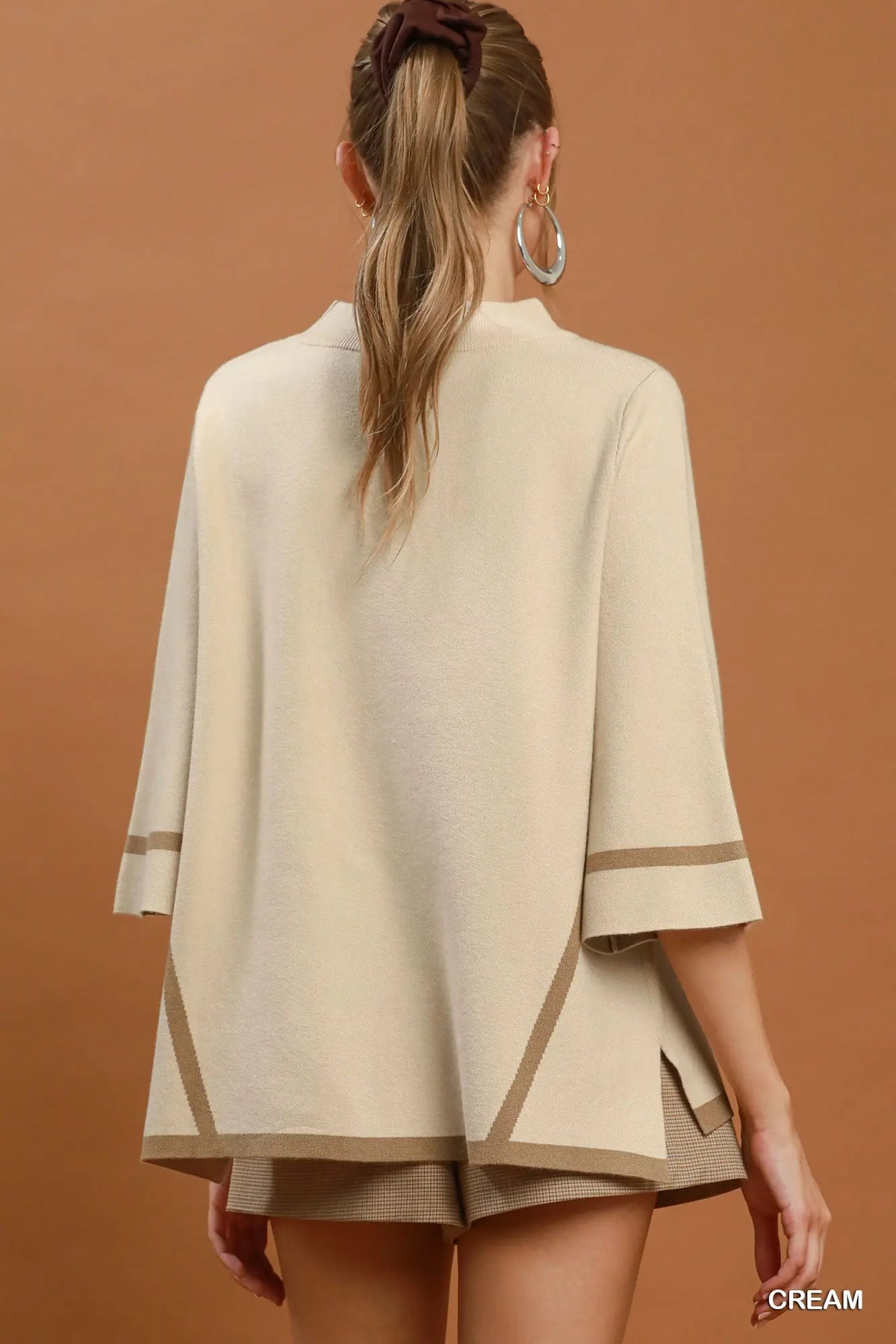 Cream and Tan Mock Neck Contrast Trim Short Sleeve Knit Sweater Top