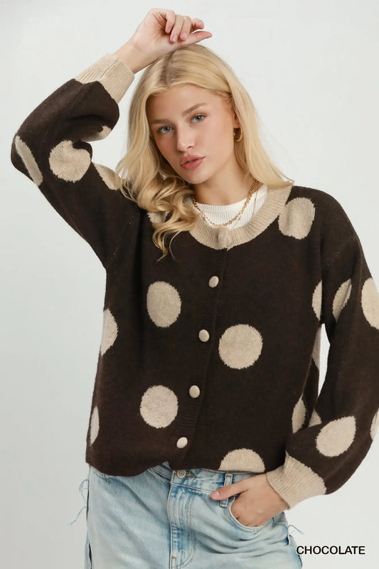 Brown Polka Dot Button Down Knit Cardigan Sweater