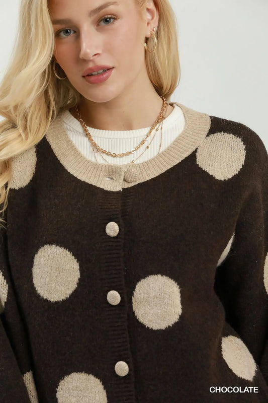 Brown Polka Dot Button Down Knit Cardigan Sweater