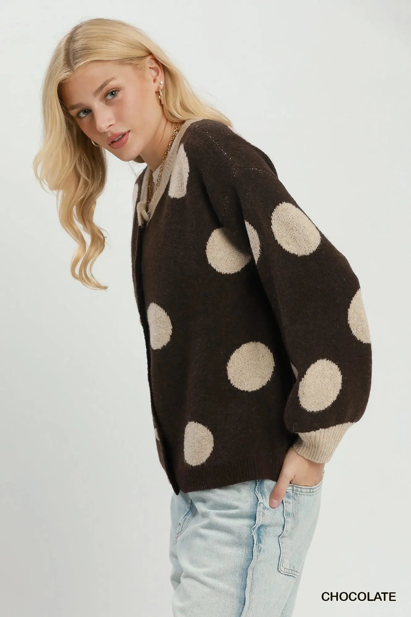 Brown Polka Dot Button Down Knit Cardigan Sweater