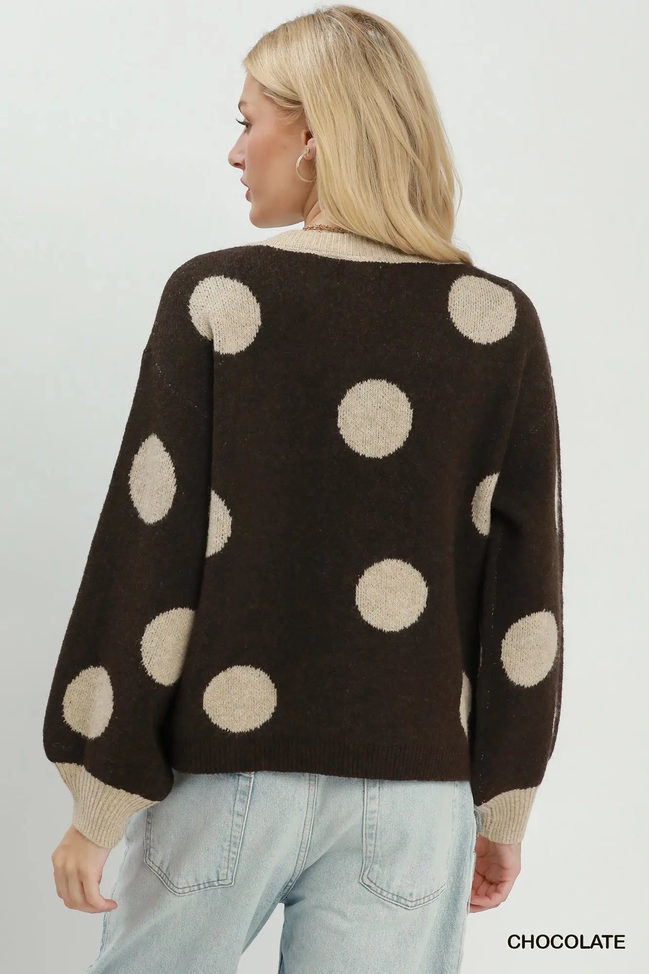 Brown Polka Dot Button Down Knit Cardigan Sweater