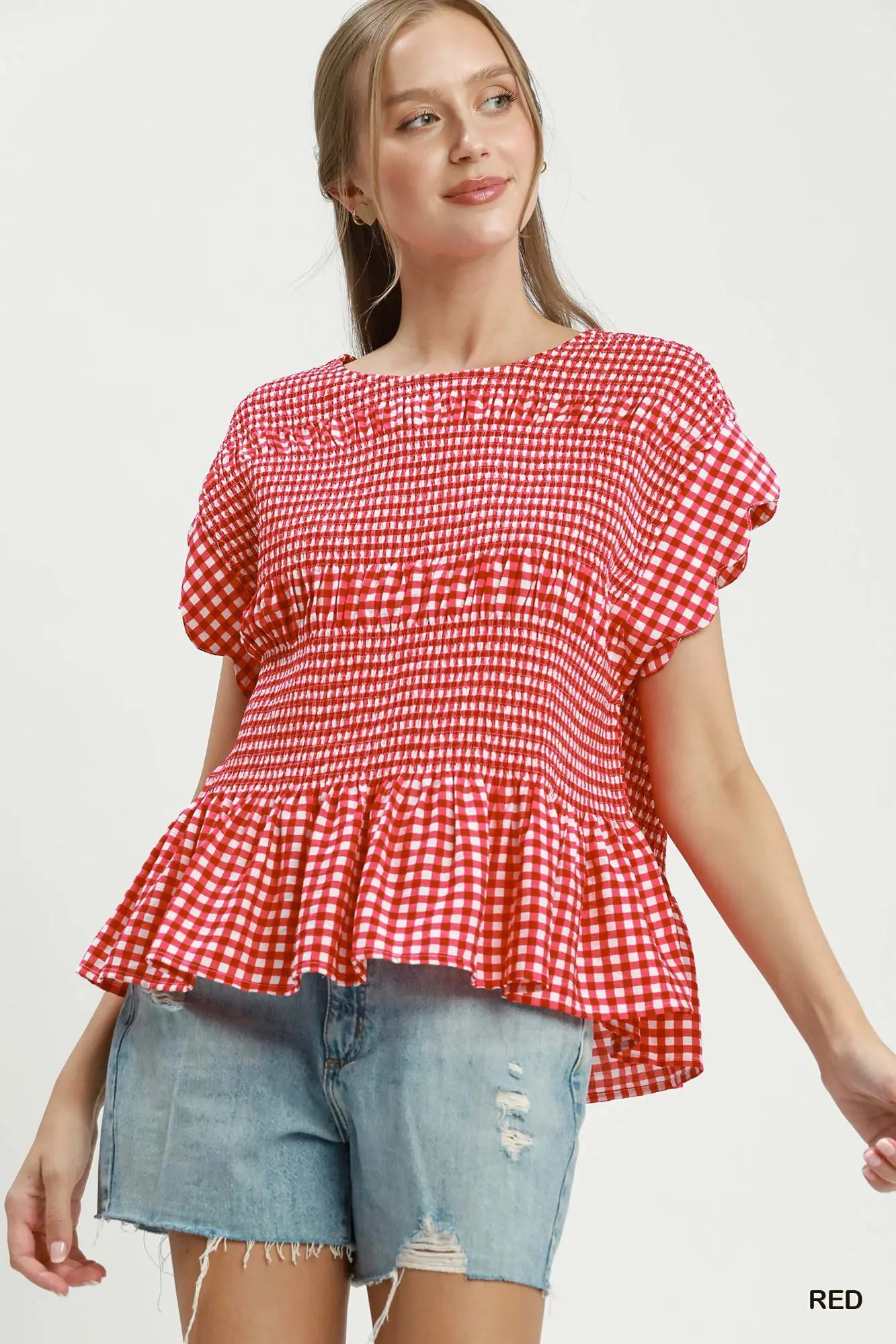 Red Gingham Smocked Ruffle Hem Short Sleeve Top