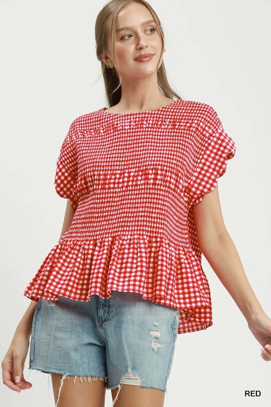 Red Gingham Smocked Ruffle Hem Short Sleeve Top