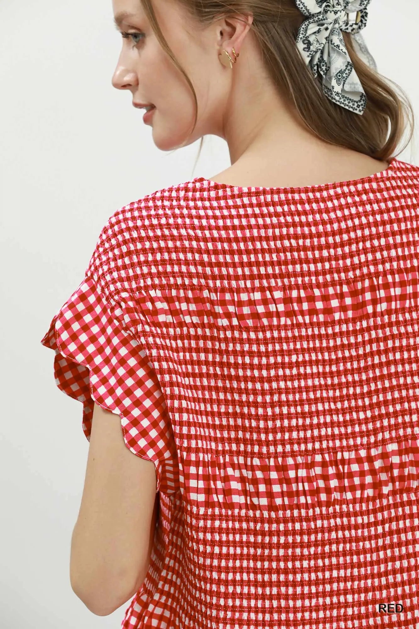 Red Gingham Smocked Ruffle Hem Short Sleeve Top