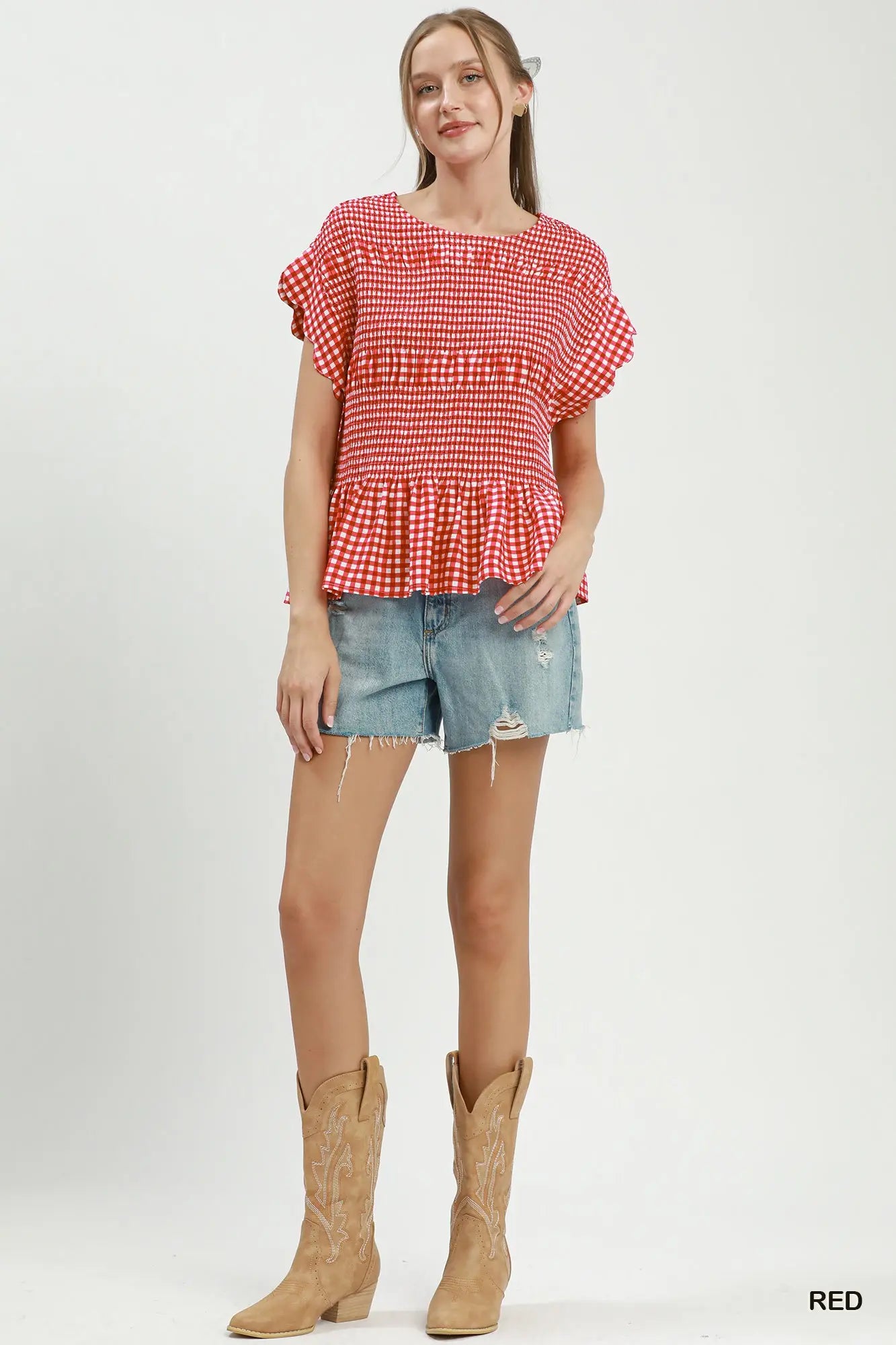Red Gingham Smocked Ruffle Hem Short Sleeve Top