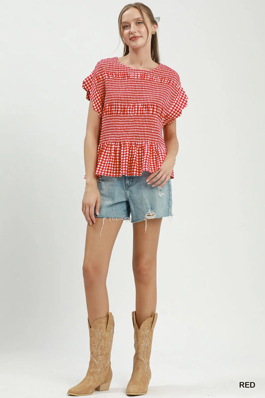 Red Gingham Smocked Ruffle Hem Short Sleeve Top