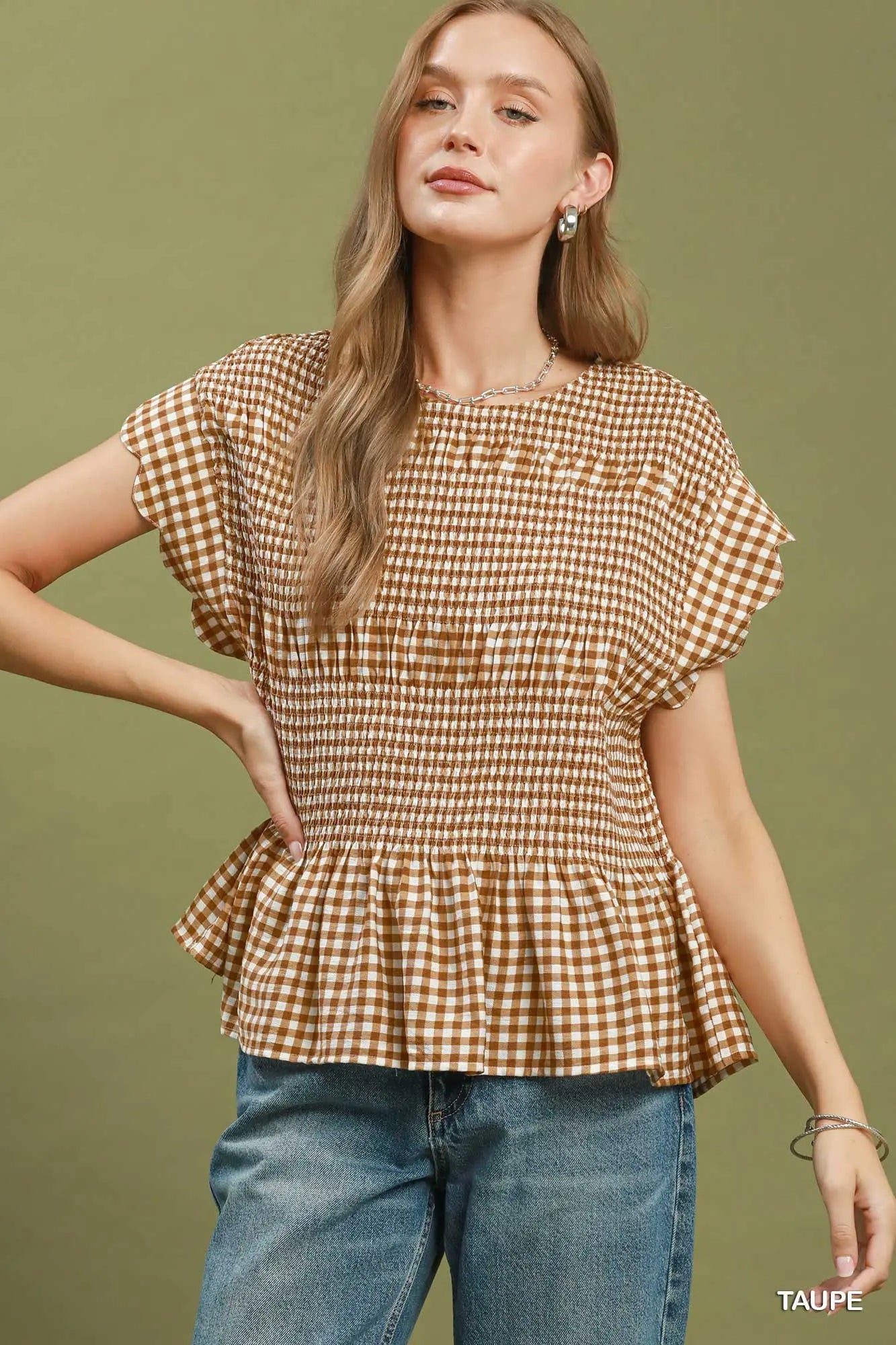 Taupe Gingham Smocked Ruffle Hem Short Sleeve Top