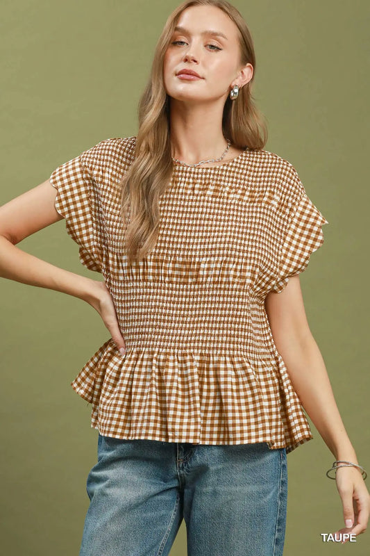 Taupe Gingham Smocked Ruffle Hem Short Sleeve Top