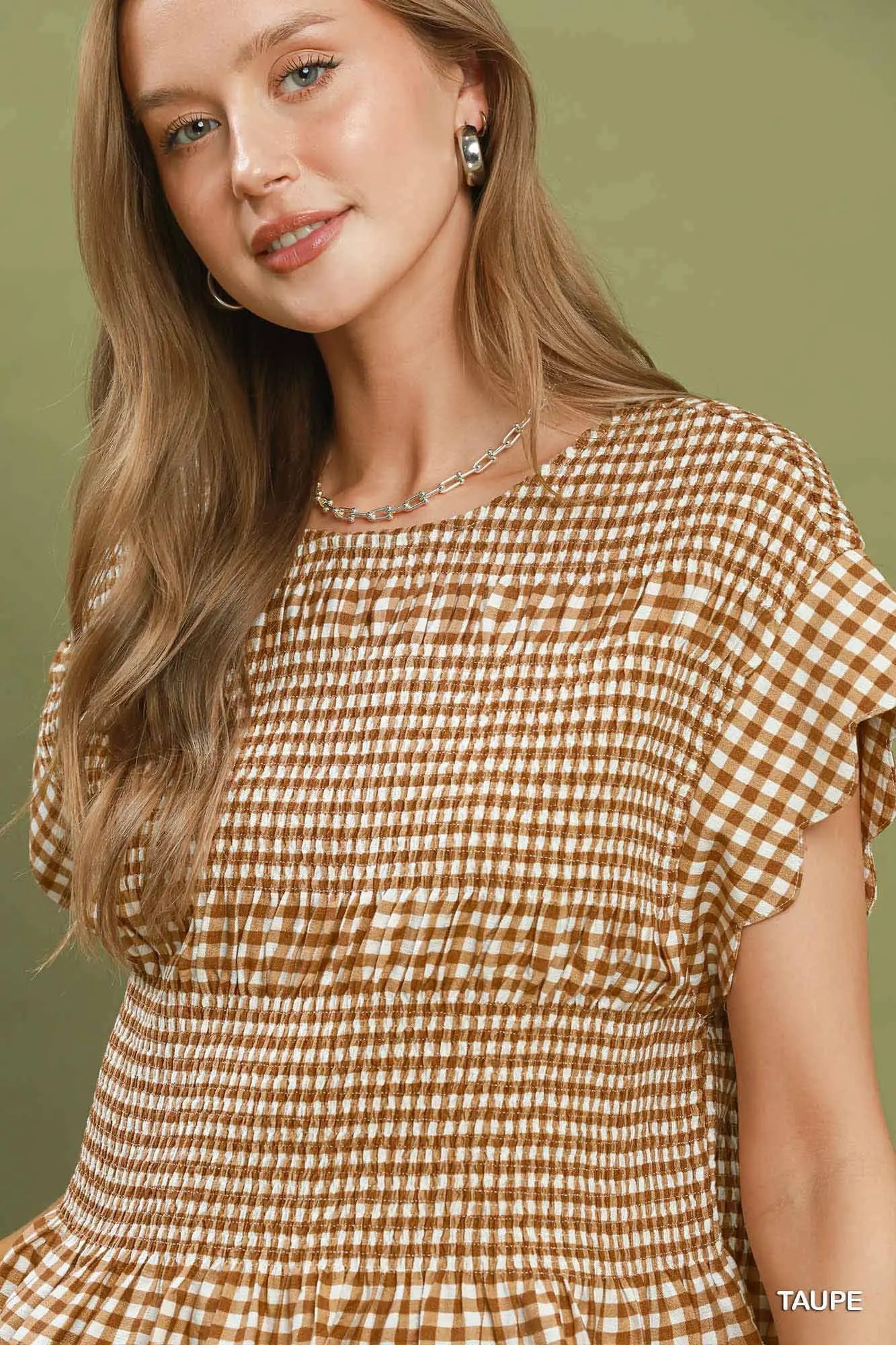 Taupe Gingham Smocked Ruffle Hem Short Sleeve Top