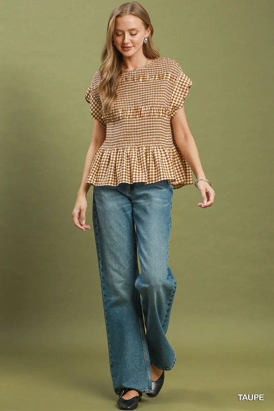 Taupe Gingham Smocked Ruffle Hem Short Sleeve Top