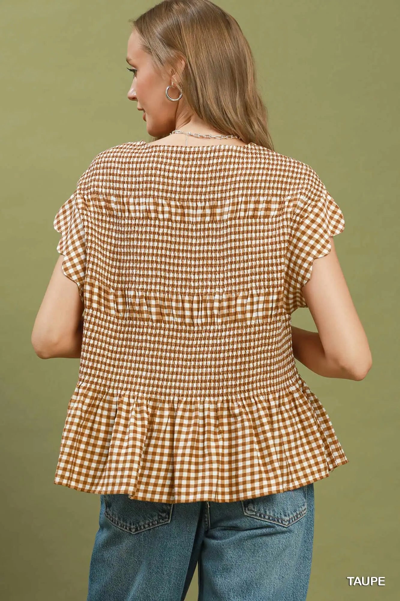 Taupe Gingham Smocked Ruffle Hem Short Sleeve Top