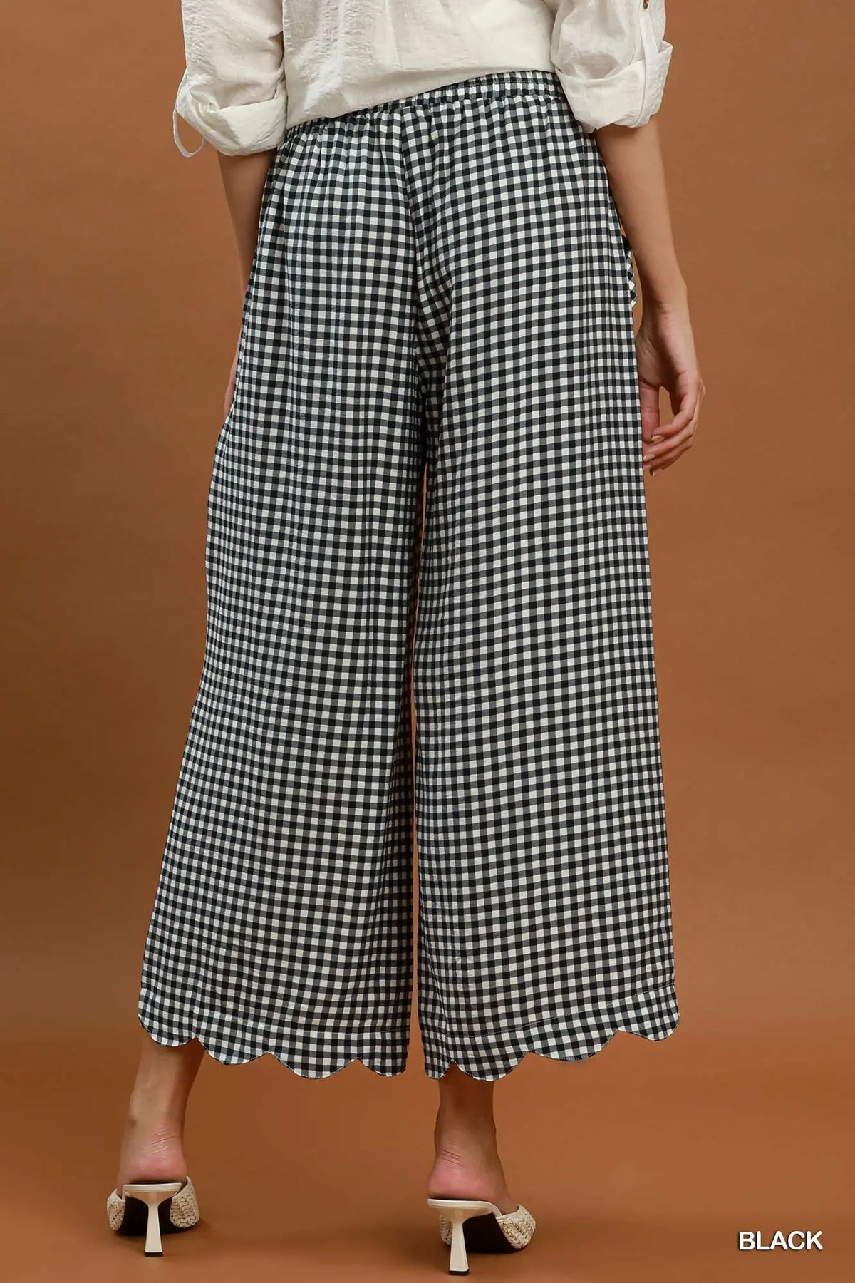 Black Gingham Wide Leg Scallop Hem Crop Pants