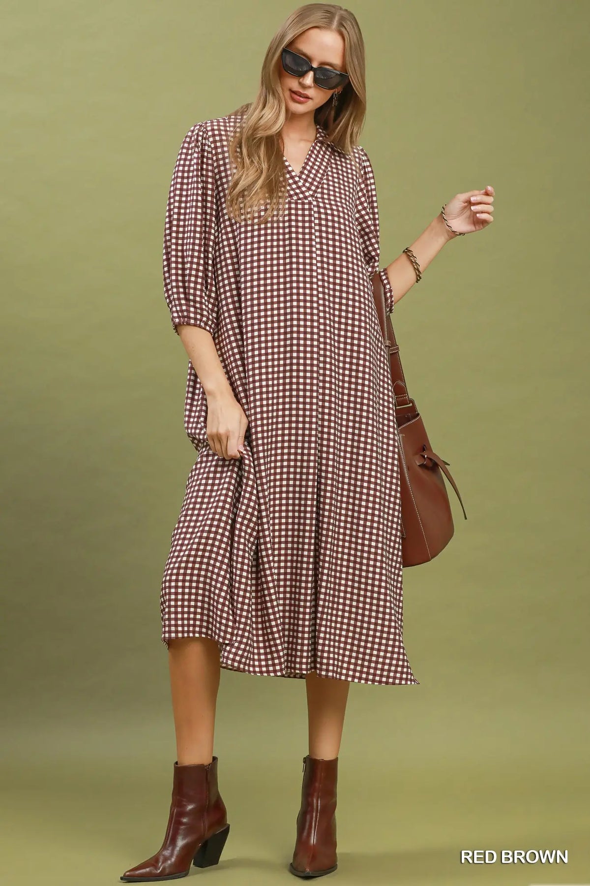 Maroon Gingham Midi Dress