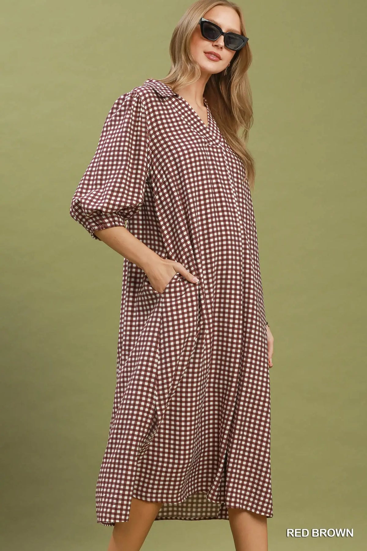 Maroon Gingham Midi Dress
