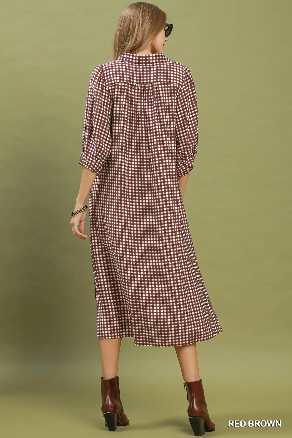 Maroon Gingham Midi Dress