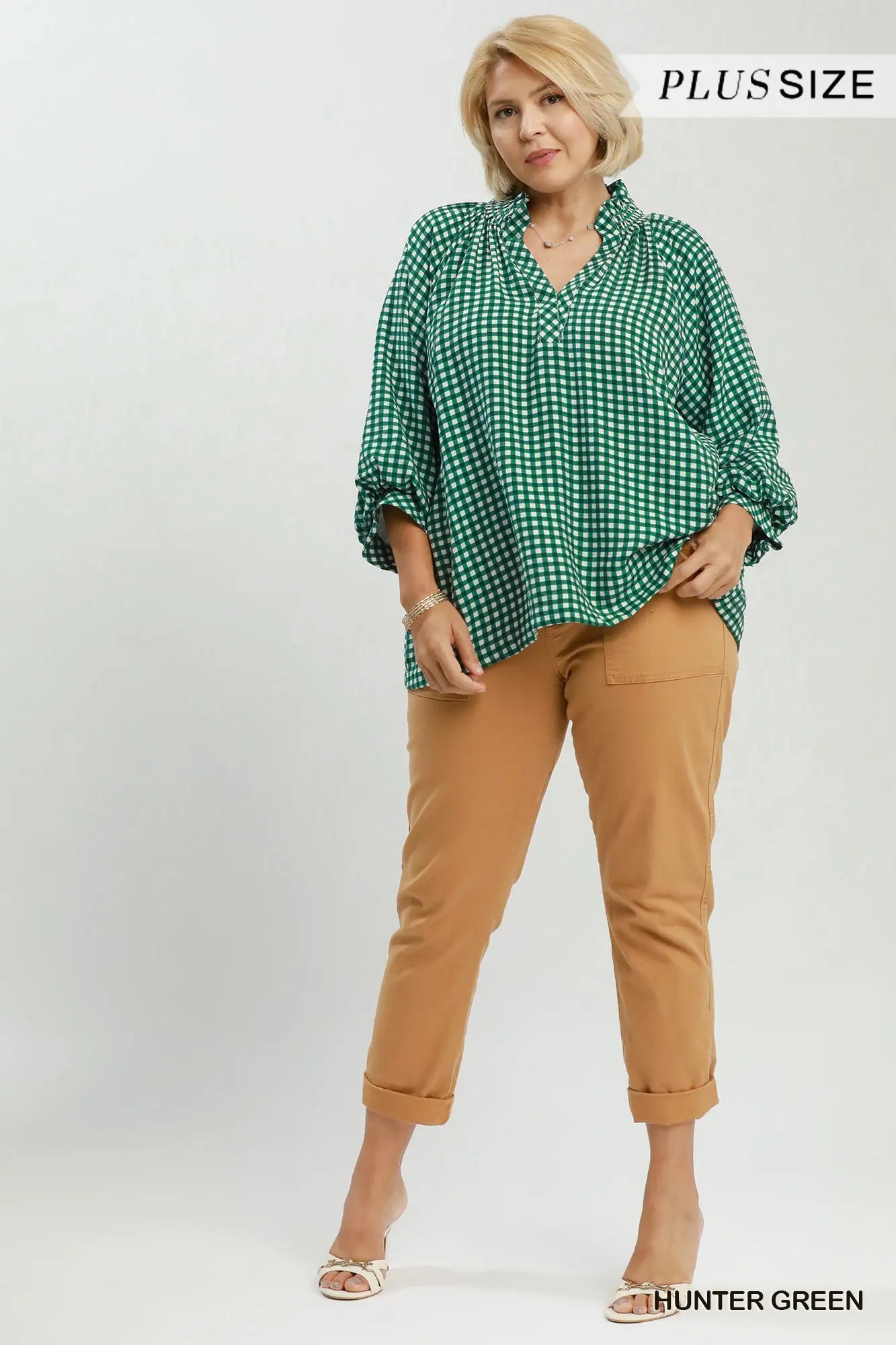 Classic Hunter Green Gingham Check Print Blouse