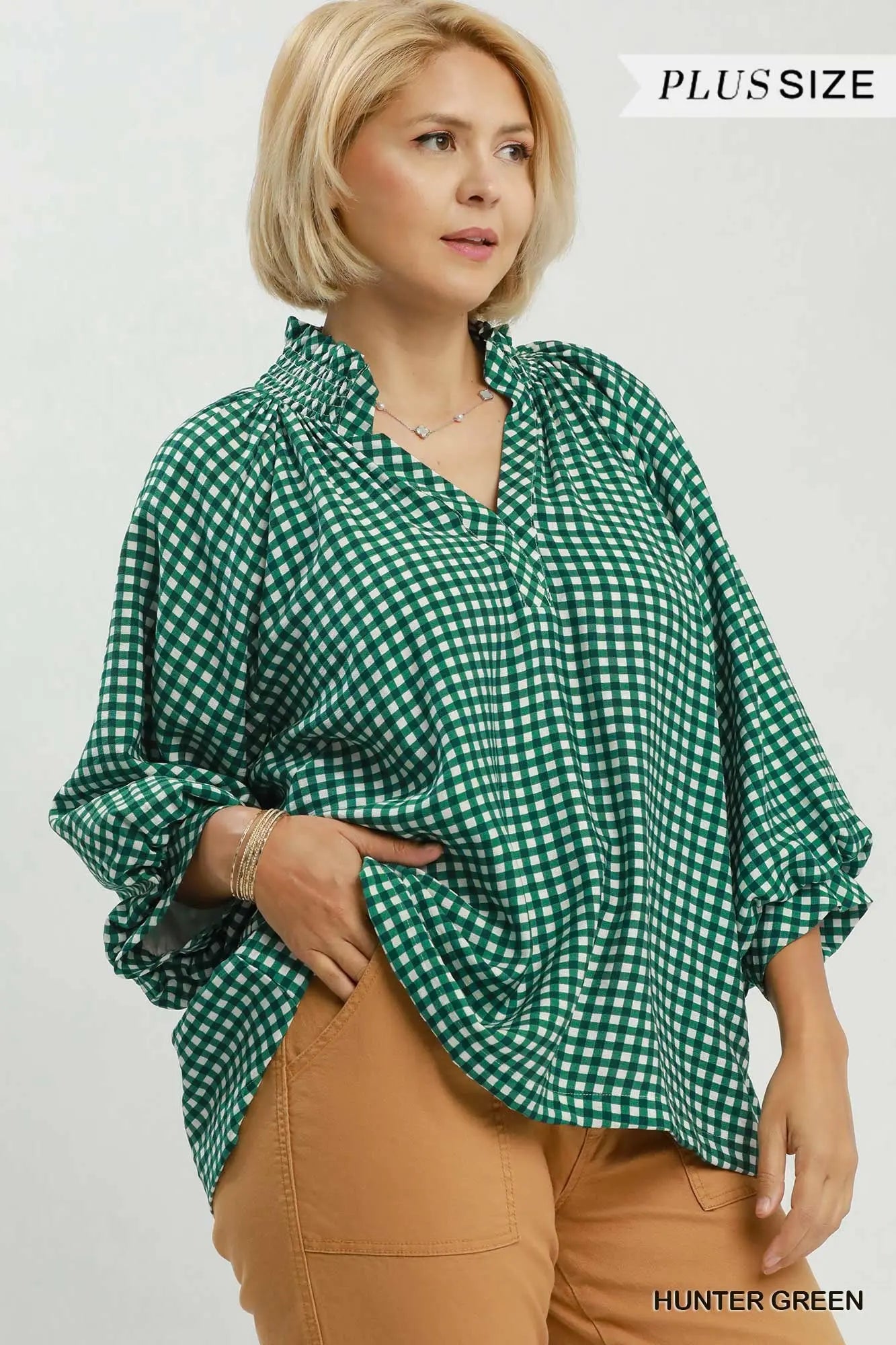 Classic Hunter Green Gingham Check Print Blouse