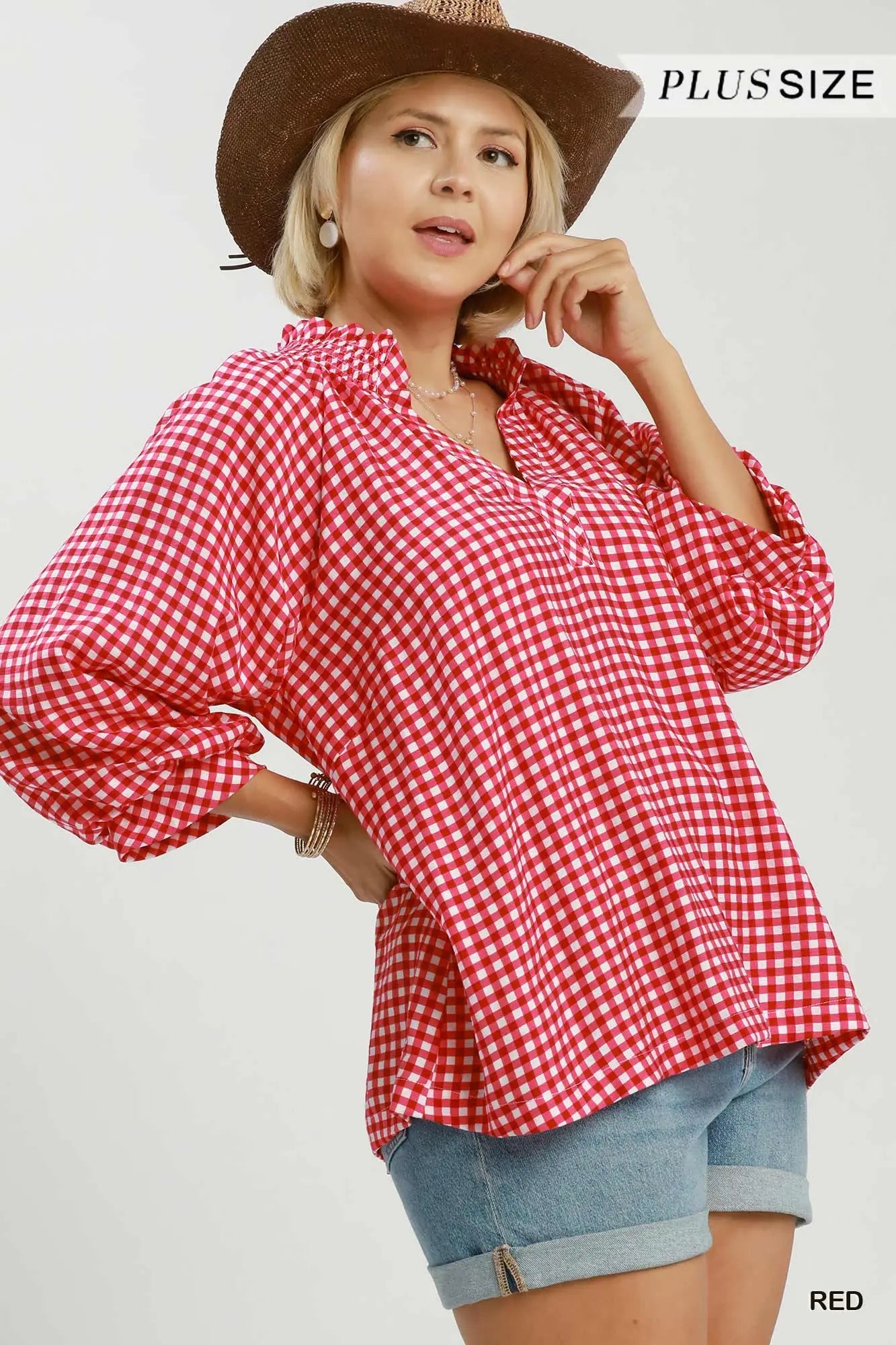 Classic Red Gingham Check Print Blouse
