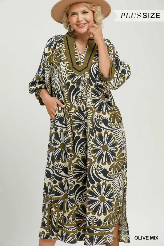 Olive Mix Abstract Midi Dress