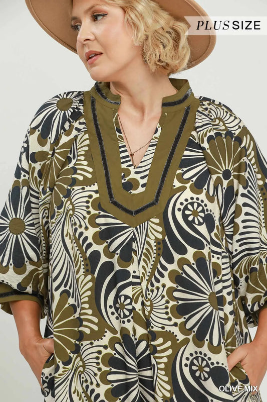 Olive Mix Abstract Midi Dress
