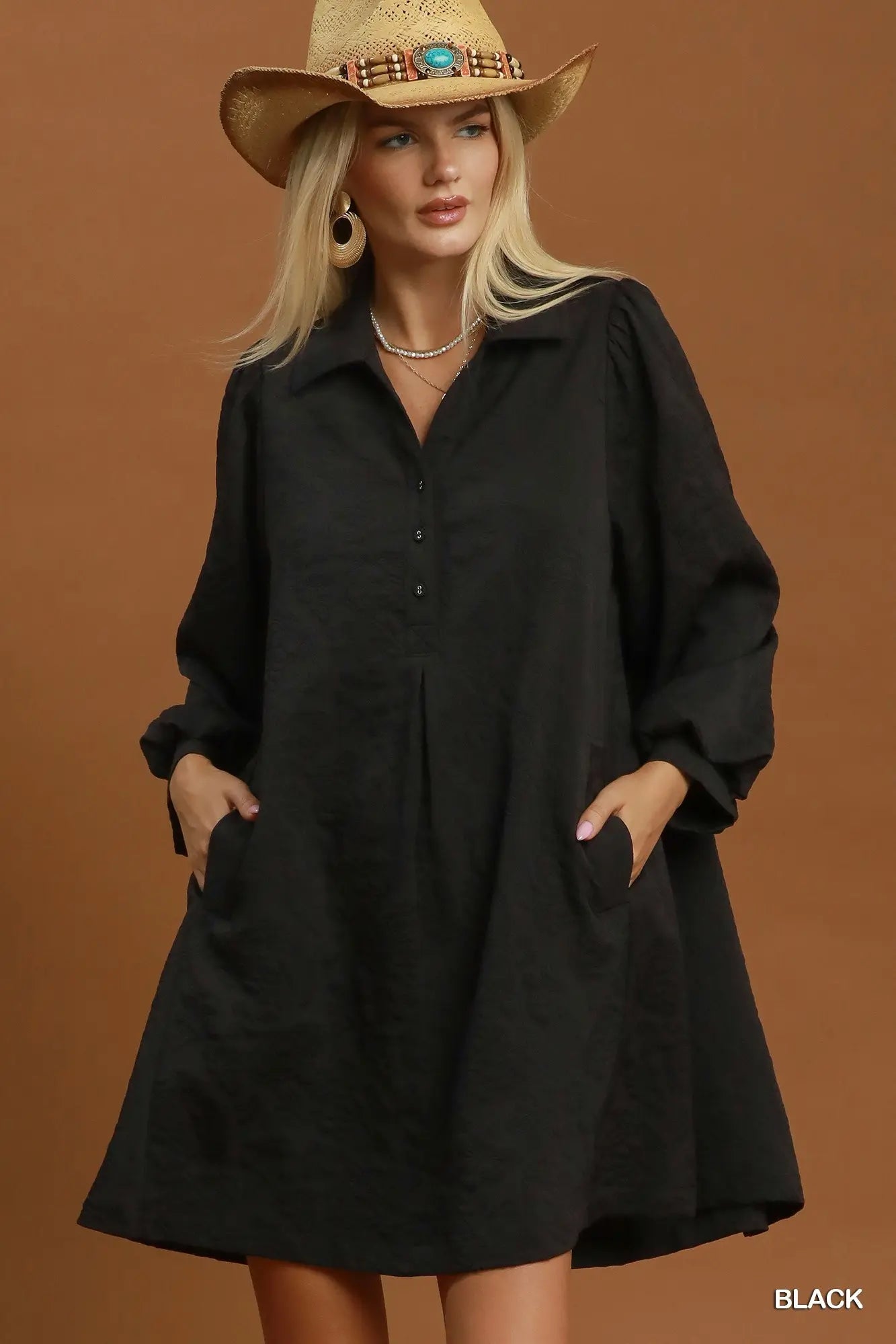 Black Floral Crinkle Jacquard Polo Dress