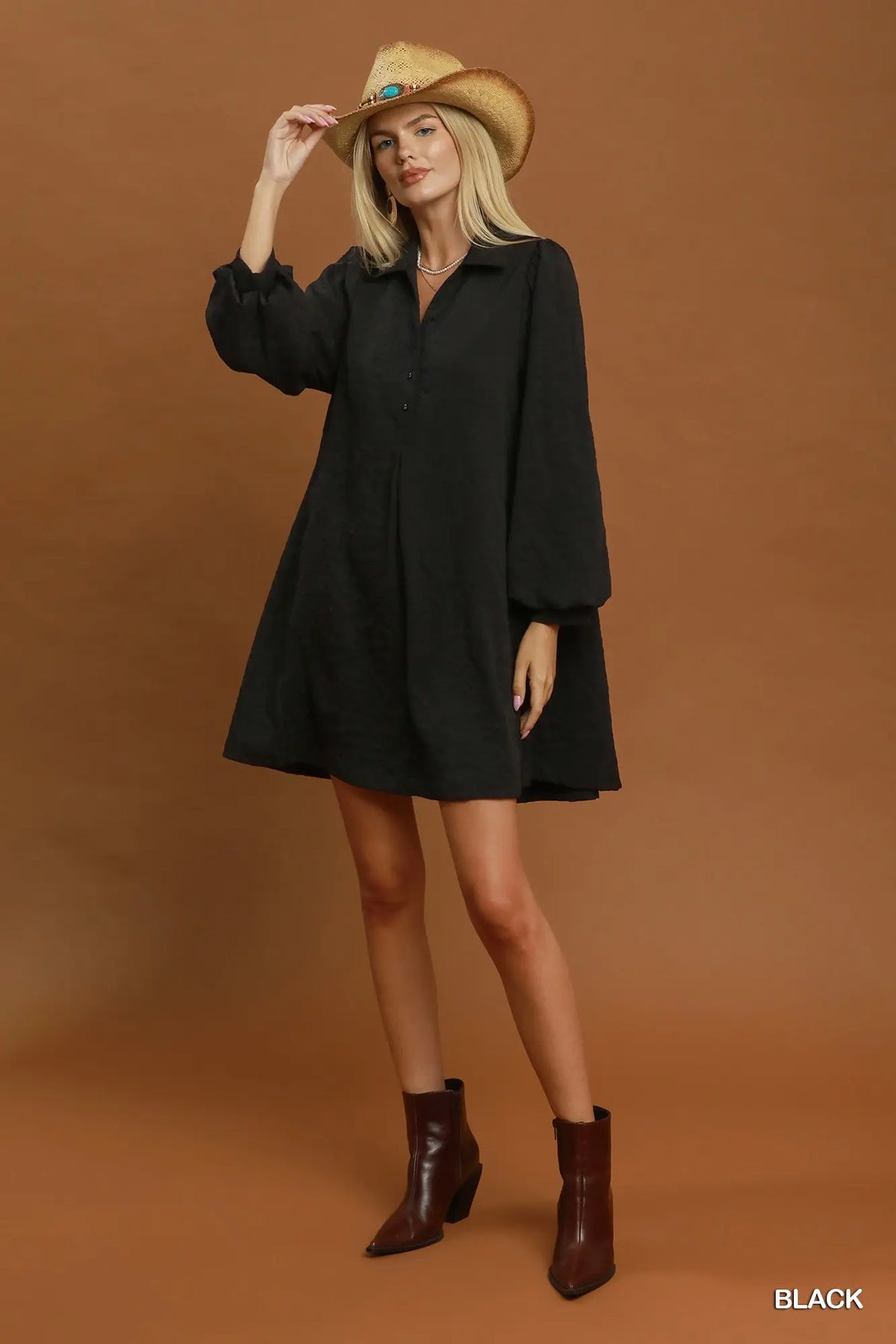 Black Floral Crinkle Jacquard Polo Dress