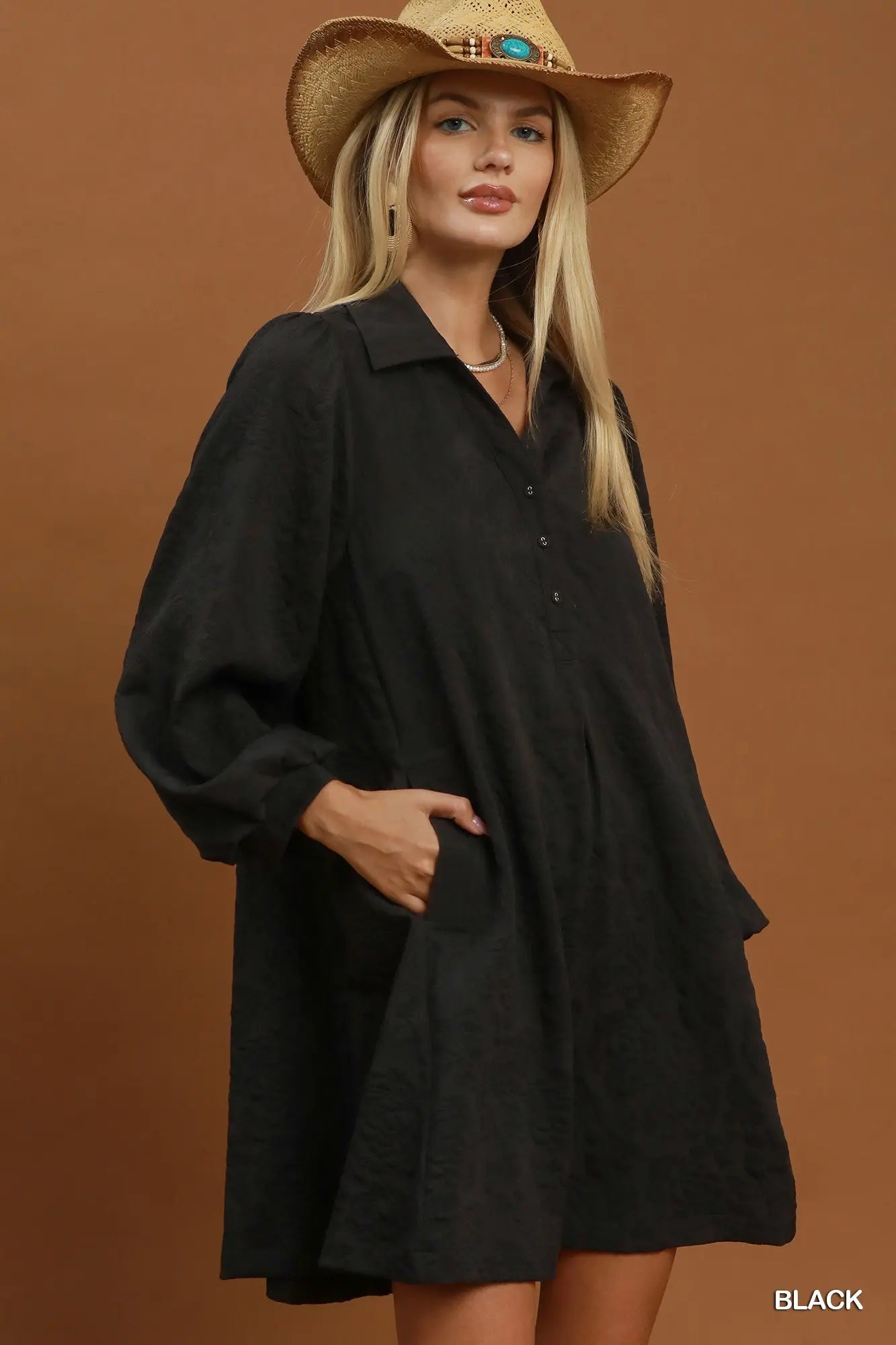 Black Floral Crinkle Jacquard Polo Dress