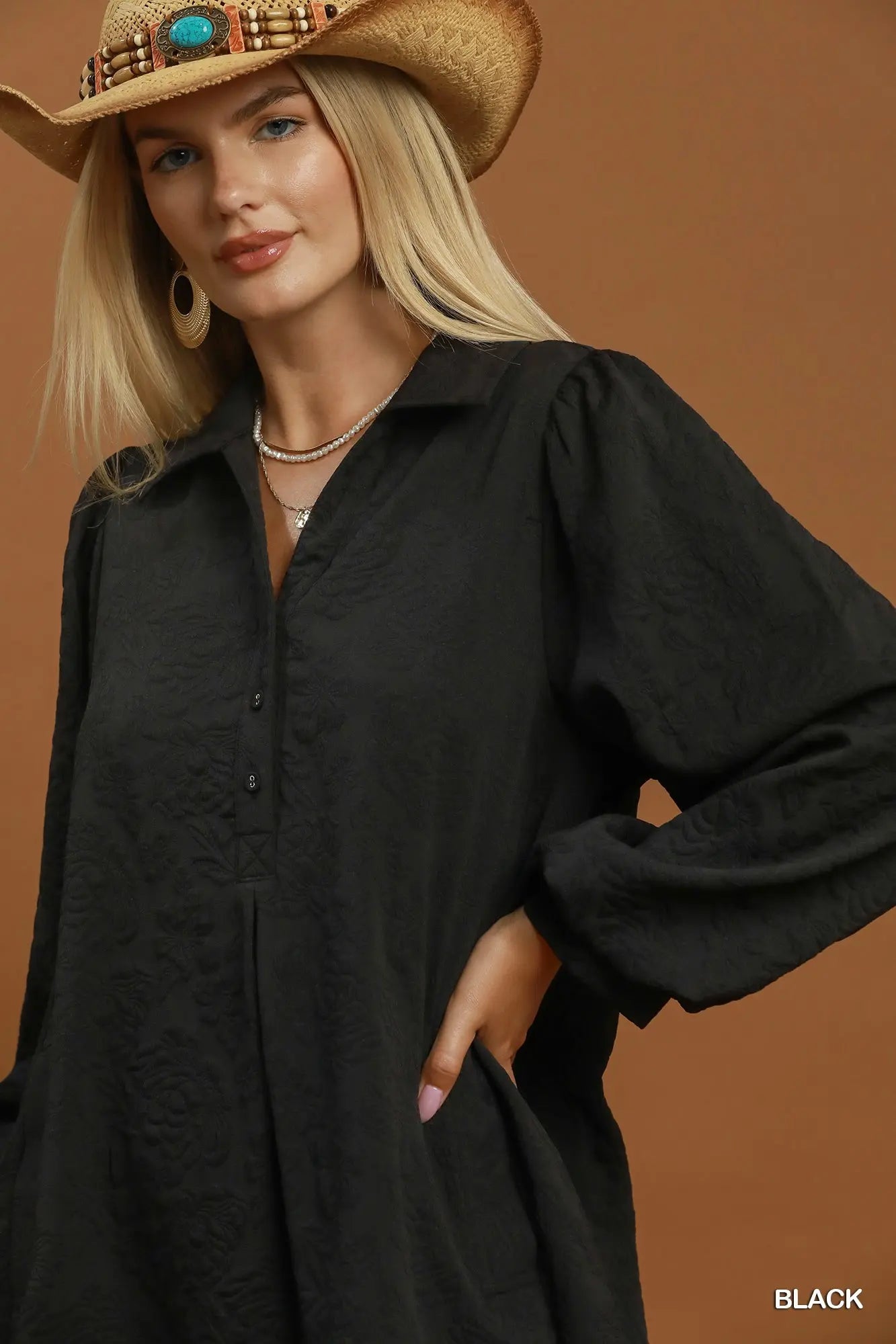 Black Floral Crinkle Jacquard Polo Dress