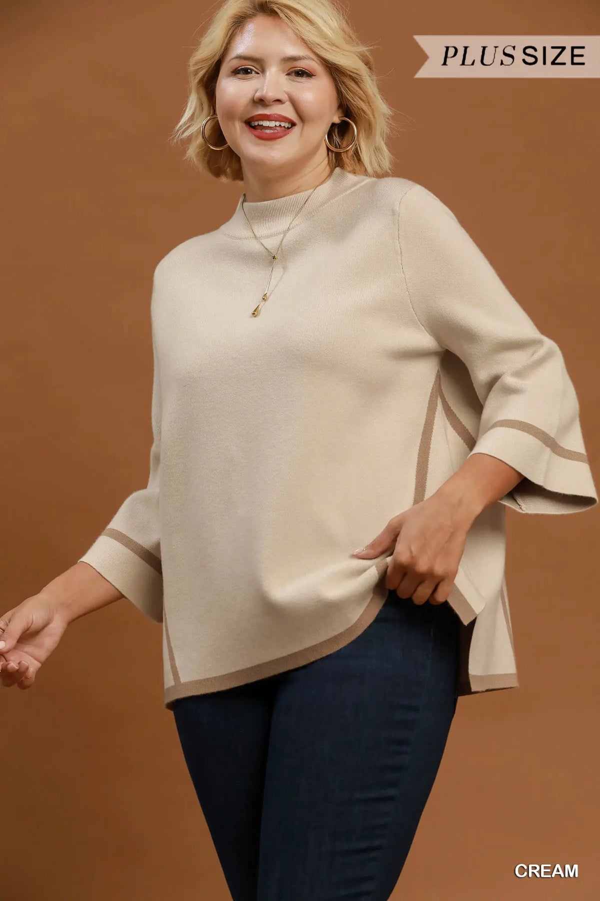 Cream and Tan Mock Neck Contrast Trim Short Sleeve Knit Sweater Top